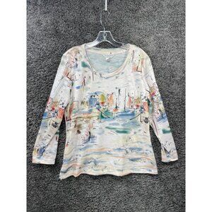 Christopher & Banks Shirt Top Womens Petite Large Multi Long Sleeve Round Neck